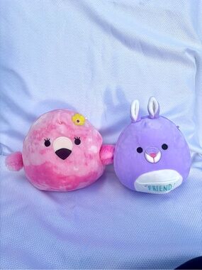 Squishmallows pink Cookie Flamingo and purple Kiki kangaroo